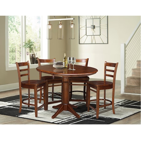 International Concepts 36 in. Round Extension Dining Table with 4 Emily Counter Height Stools - 5 Piece Set K581-36RXT-27-S61724